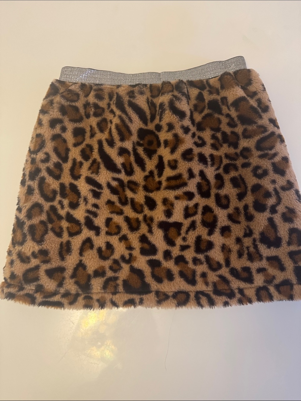 Leopard Print Faux Fur Mini Skirt with Metallic Waistband - Brown